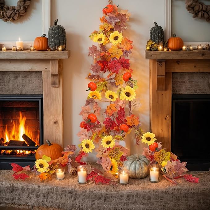 3 Pack Fall Garland for Mantle - 5.6Ft Artificial Maple Vine with Pumpkins & Sunflowers, Autumn Fall Decor for Fireplace Thanksgiving Halloween Wedding Farmhouse Indoor Outdoor Porch Decoration