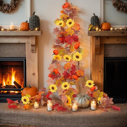 3 Pack Fall Garland for Mantle - 5.6Ft Artificial Maple Vine with Pumpkins & Sunflowers, Autumn Fall Decor for Fireplace Thanksgiving Halloween Wedding Farmhouse Indoor Outdoor Porch Decoration