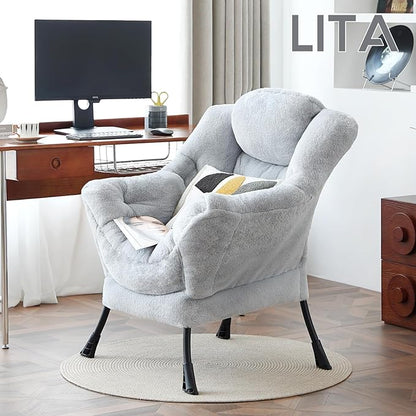 LITA Lazy Chair with Armrests and Side Pocket, Modern Upholstered Accent Reading Chair for Living Room, Bedroom, Dorm, Small Spaces, Single Plush Grey
