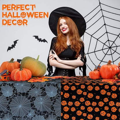 Halloween Tablecloth, 2-Pack Disposable Table Cloths, Pumpkins and Spider Web Plastic Covers, 54 x 108 Inches, Party Decorations