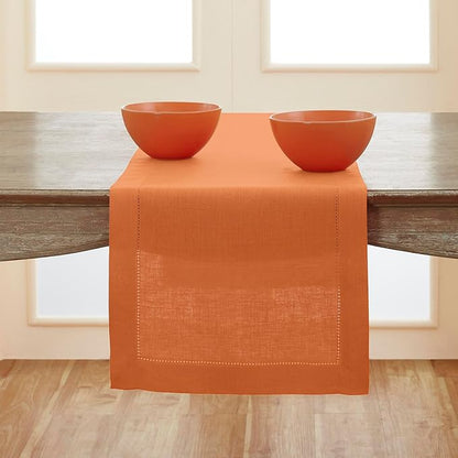Solino Home Linen Pumpkin Table Runner 144 Inches Long - 100% Pure Linen Extra Long Table Runner 14 x 144 Inch - Classic Hemstitch - Fall, Autumn, Thanksgiving, Holiday