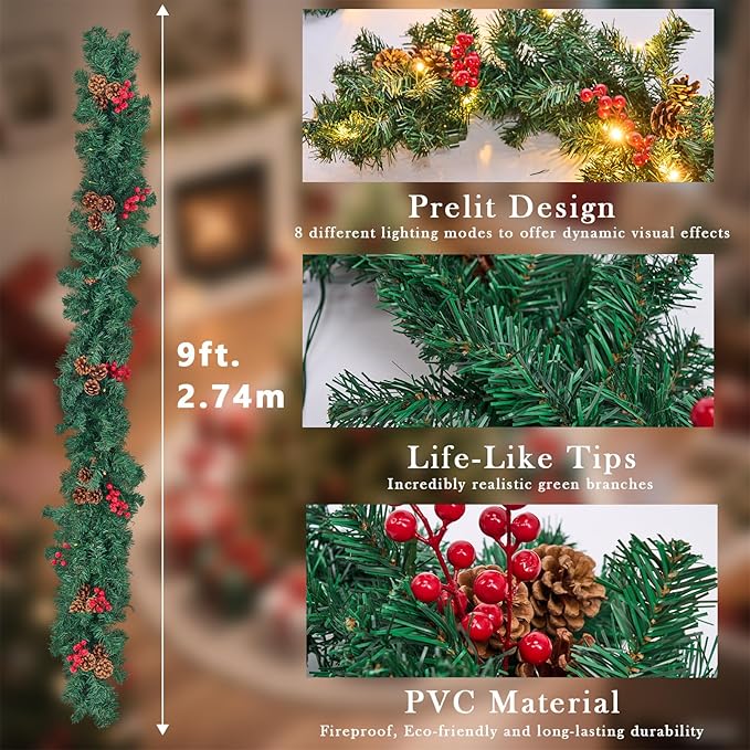 Christmas Garland with Lights, 9FT Christmas Garland for Mantle, Prelit Outdoor Garlands with Red Berries and Pine Cores for Ourdoor Indoor Mantle Table Stairs Fireplace Home Christmas Decor