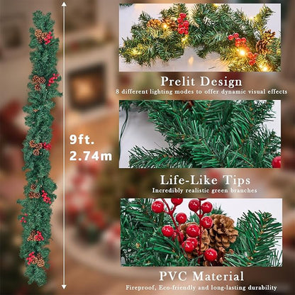 Christmas Garland with Lights, 9FT Christmas Garland for Mantle, Prelit Outdoor Garlands with Red Berries and Pine Cores for Ourdoor Indoor Mantle Table Stairs Fireplace Home Christmas Decor
