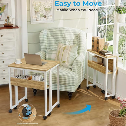 GreenForest Folding Desk Small Rolling Desk with Storage Shelf,31.5 inch Foldable Computer Desk with Wheels for Small Space, Easy Assembly,Oak