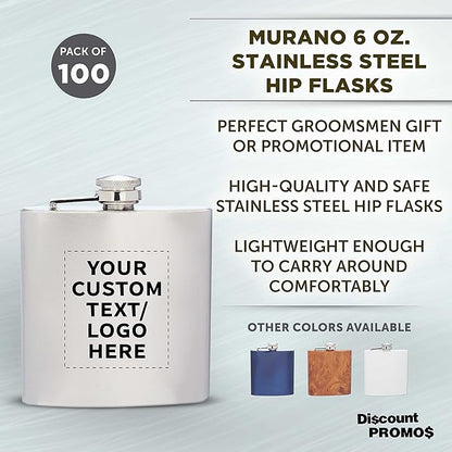Custom Murano Stainless Steel Hip Flasks 6 oz. Set of 100, Personalized Bulk Pack - Screw on Cap, Great for Wedding Party Gifts, Groomsmen Gifts, Outdoor Activities - Silver