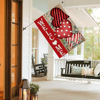 AVOIN colorlife Valentines Day Welcome House Flag 28x40 Inch Double Sided, Anniversary Love Heart Rustic Yard Outdoor Decoration