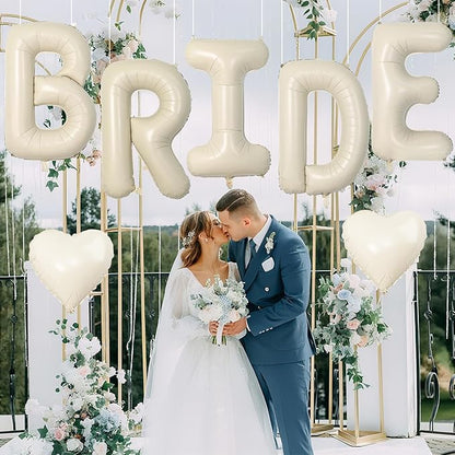 40inch Beige BRIDE Letter Balloons, Giant Cream White Sand Bride Foil Helium Balloon Banner with Heart Balloon for Bride to Be Wedding Engagement Bridal Shower Nude White Bachelorette Party Decoration