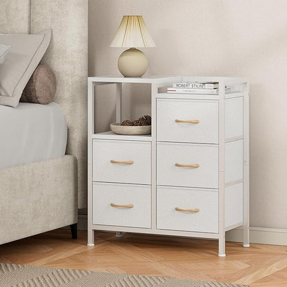 Furnulem 5 Drawer White Dressers for Bedroom 2 Tier Shelf Storage Small Fabric Dresser for Closet Sturdy Metal Frame Modern Style Storage Cabinets Organization Units for Hallway Rooms