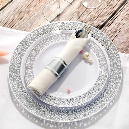 WELLIFE 700 Pieces Silver Disposable Plastic Dinnerware, Includes:100 Dinner Plates, 100 Dessert Plates, 100 Cups, 400 Pre Rolled Napkins with Silver Cutlery