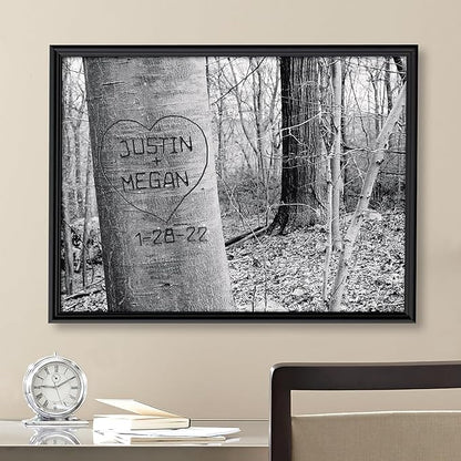 Let's Make Memories Personalized Canvas Wall Art For Couples - Engagement, Wedding, Newlyweds, Anniversary - Home Decor - Carved Heart B&W - Framed Canvas - 18x24