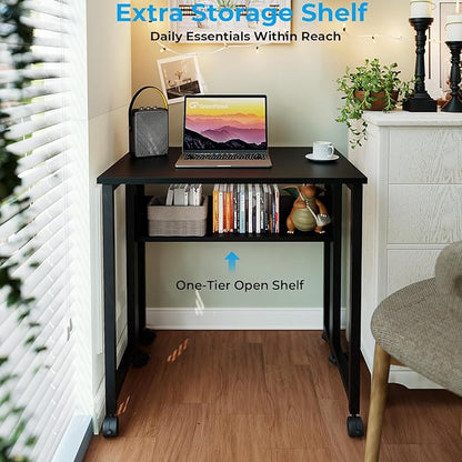 GreenForest Folding Desk Small Rolling Desk with Storage Shelf,31.5 inch Foldable Computer Desk with Wheels for Small Space, Easy Assembly,Black