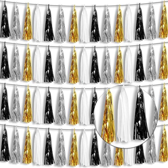 4P Black Gold Silver Foil Fringe Tassel Banner Garland Metallic Tinsel Streamers Wall Hanging Curtain Backdrop Banner for Parade Floats, 2024 Graduation Decorations, New Years Decorations, Father' Day