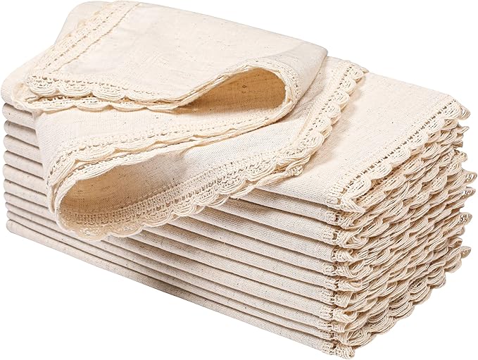 Cloth Napkins Reusable Natural Cloth Dinner Napkins Set of 12 Cotton Flax Fabric Oversized 20x20 Inches Cloth Napkins with Lace for Parties Weddings Washable Cocktail Napkins Thanksgiving Decor