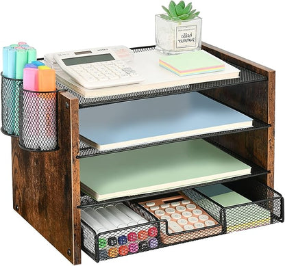 OPNCIE Desk Organizer and Accessories, 4-Tier Paper Letter Tray File Organizer with Drawer & 2 Pen Holder, Office Desk Accessories Workspace Desktop Organizer for Office Supplies(Brown)