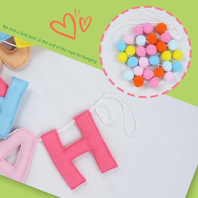 2 PCS Pre-Strung 3D Felt Happy Birthday Banner - Reusable Macaron Happy Birthday Decorations Sign, Felt Ball Garland, Pom Pom Garland, Party Decor, Photo Prop