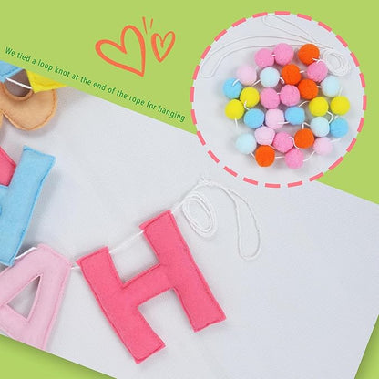 2 PCS Pre-Strung 3D Felt Happy Birthday Banner - Reusable Macaron Happy Birthday Decorations Sign, Felt Ball Garland, Pom Pom Garland, Party Decor, Photo Prop