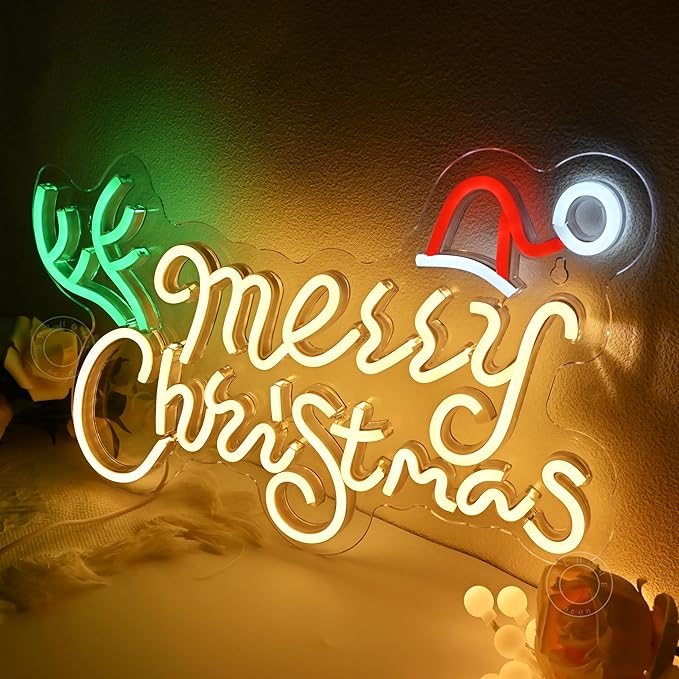 SYLHOME Merry Christmas Led Neon Light Sign Santa Hat Christmas Tree Party Home Bedroom Wall Sign Decor Backdrop Xmas Decor 15.75" X 9.8" USB Warm White