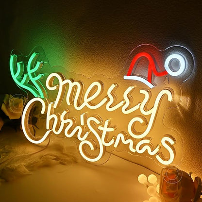 SYLHOME Merry Christmas Led Neon Light Sign Santa Hat Christmas Tree Party Home Bedroom Wall Sign Decor Backdrop Xmas Decor 15.75" X 9.8" USB Warm White