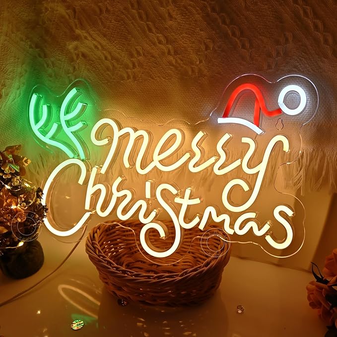 SYLHOME Merry Christmas Led Neon Light Sign Santa Hat Christmas Tree Party Home Bedroom Wall Sign Decor Backdrop Xmas Decor 15.75" X 9.8" USB Warm White
