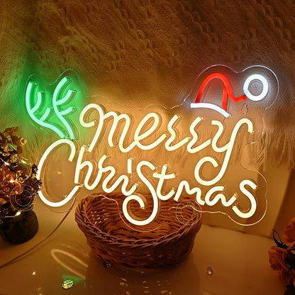 SYLHOME Merry Christmas Led Neon Light Sign Santa Hat Christmas Tree Party Home Bedroom Wall Sign Decor Backdrop Xmas Decor 15.75" X 9.8" USB Warm White