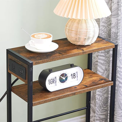 HOOBRO Small Narrow Side Table with Charging Station, Skinny End Table for Small Spaces, Slim Nightstand with USB Ports Outlet, Sofa Beside Table with Storage Shelf, Rustic Brown and Black BF102UBZ01