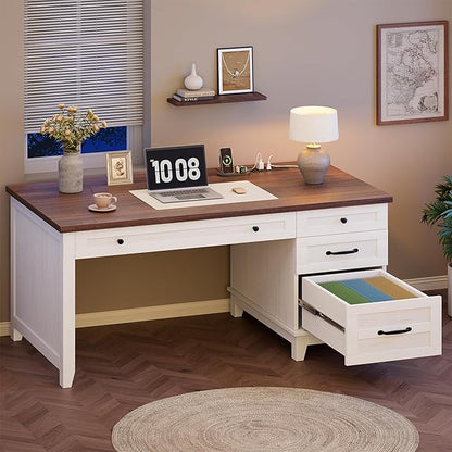 GarveeHome Executive Desk with Drawers, Farmhouse Home Office Desk with Charging Station, 53.54 in Wooden Computer Desk with File Cabinet Storage for Work Study Writing,White Walunt