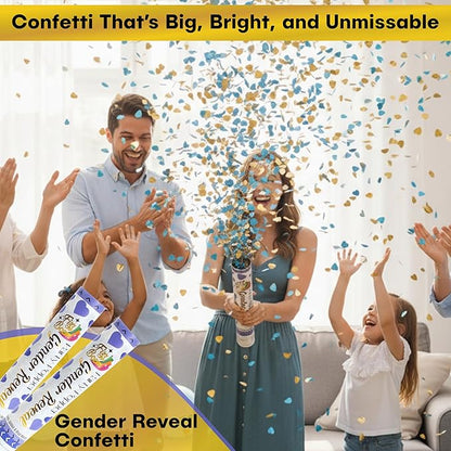 2 Pack Blue Heart-Shaped Confetti Poppers for Baby Gender Reveal | Blue Paper and Gold Mylar Baby Boy Party Supplies