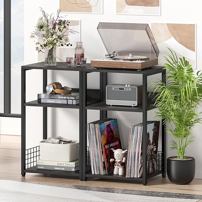 LELELINKY Large Rustic Grey Record Player Stand, 3 Tier 18" Wide Big End Table with Vinyl Storage Up to 130 Albums, Industrial Turntable Printer Tables, Modern Side Tables for Living Room, Office