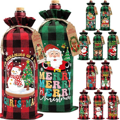 12PCS Burlap Wine Bag Christmas Wine Gift Bags, Drawstring Retro Christmas Bottle Cover Gift Bag w/ Tag, Buffalo Plaid Wines Bags for Bottles Gifts Reusable Bottle Covers for Xmas Holiday Party Decor