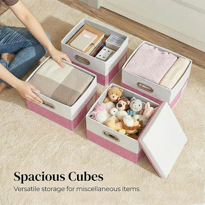 PRANDOM Storage Bins with Lids [3-Pack] Linen Fabric Foldable Storage Boxes Organizer Containers Baskets Cube with Cover for Bedroom Closet Office Pink&White（11.4X8.6X6.7