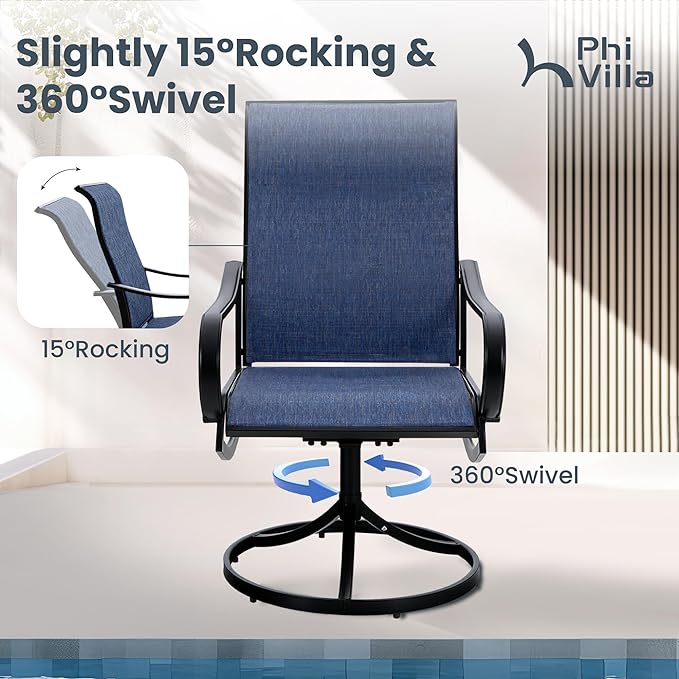 PHI VILLA 7 Piece Outdoor Patio Dining Set, Large Metal Table (1.57'' Umbrella Hole) and 6 Swivel Dining Chairs with Textilene Mesh Fabric, All Weather Patio Furniture Set for Deck Lawn Garden (Blue)