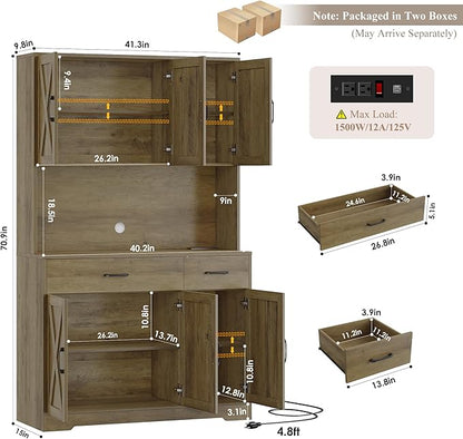 HOSTACK 71" Pantry Cabinet with Charging Station, Tall Kitchen Pantry Storage Cabinet with Microwave Stand, Farmhouse Kitchen Hutch with Storage Drawers for Living Room, Dining Room, Rustic Brown