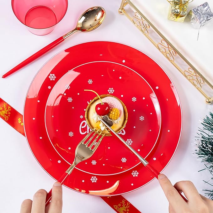 Nervure 175PCS Christmas Plastic Plates - Red and White Disposable Plates & Gold Plastic Silverware with Red Handle include 50 Plates 25Knives 25Forks 25Spoons 25Napkins for Christmas Party