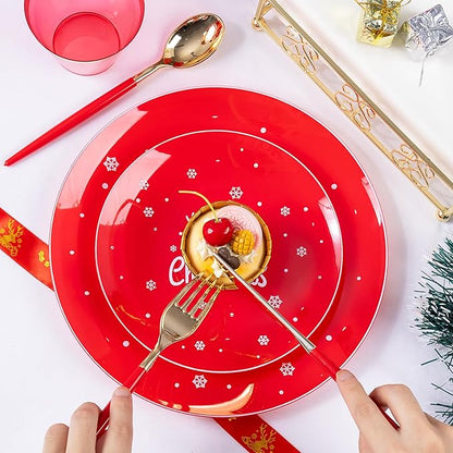 Nervure 175PCS Christmas Plastic Plates - Red and White Disposable Plates & Gold Plastic Silverware with Red Handle include 50 Plates 25Knives 25Forks 25Spoons 25Napkins for Christmas Party