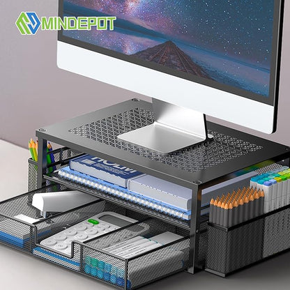 2 Tier Computer Monitor Stands with Drawer and 2 Pencil Holder, Metal Monitor Stand, Office Desk Accessories Workspace Desktop Organizers for Office Supplies, Black