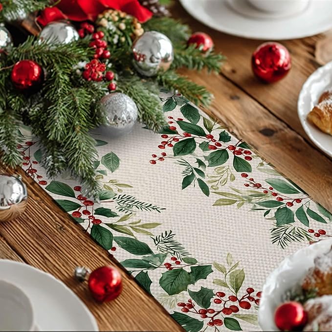 Christmas Table Runner 13x72 Inch Winter Holiday Greenery Red Berries Farmhouse Dining Table Decoration Burlap Tablecloth for Kitchen Dining Indoor Outdoor Christmas Party Home Decor