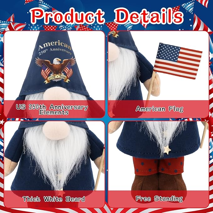 250th Anniversary America 4th of July Patriotic Gnome Plush Decoration Fourth of July Gnome Figurines for Office Home Desk Table Decor for Independence Memorial Day Labor Day