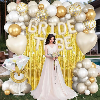 Cream Gold Bachelorette Party Decorations, Bride To Be Mylar Foil Letter Balloons with White Gold Balloons Diamond Ring and Cream Heart Balloon for Bridal Shower Decoration Engagement Hen Party Decor