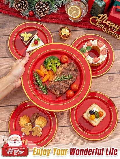 350Pieces Red Plastic Plates with Gold Rim Include 50Dinner Plate 10”, 50Dessert Plate 7”, 50 gold Cups 9 OZ, 50 Pre Rolled Napkins for Christmas Party