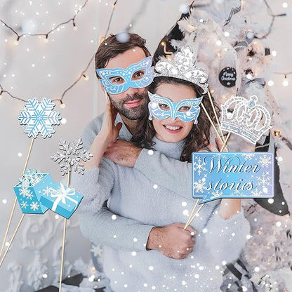 Snowflake Photo Booth Props with Sticks, Blue Snow Photo Booth Props, Christmas Selfie Props, Winter Themed Party Decorations (25CT)