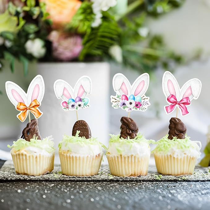 Ephlyn 36Pcs Happy Easter Cupcake Toppers - Rabbit Ear Cupcake Picks & Day Theme Baby Shower Kids Birthday Party Cake Decorations