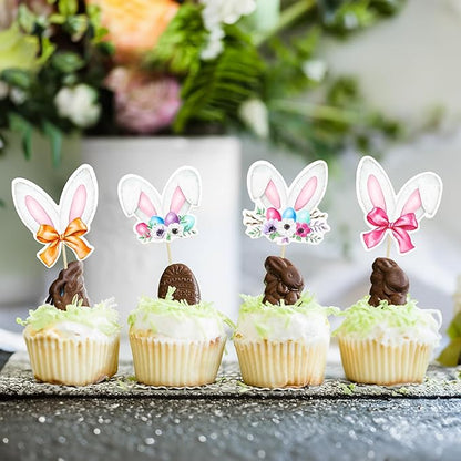 Ephlyn 36Pcs Happy Easter Cupcake Toppers - Rabbit Ear Cupcake Picks & Day Theme Baby Shower Kids Birthday Party Cake Decorations