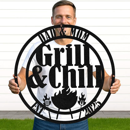 Custom Outdoor Cooking Metal Sign, Personalized BBQ Grill Name Cut Wall Decor for Patio, Rustic Backyard Kitchen Gift