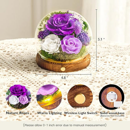 Forever Flowers for Delivery Prime, Preserved Rose in Glass Dome, Gifts for Women Birthday, Long-Lasting Flowers for Mom Wife Grandma Valentine's Day Mother's Day Christmas Anniversary, Purple