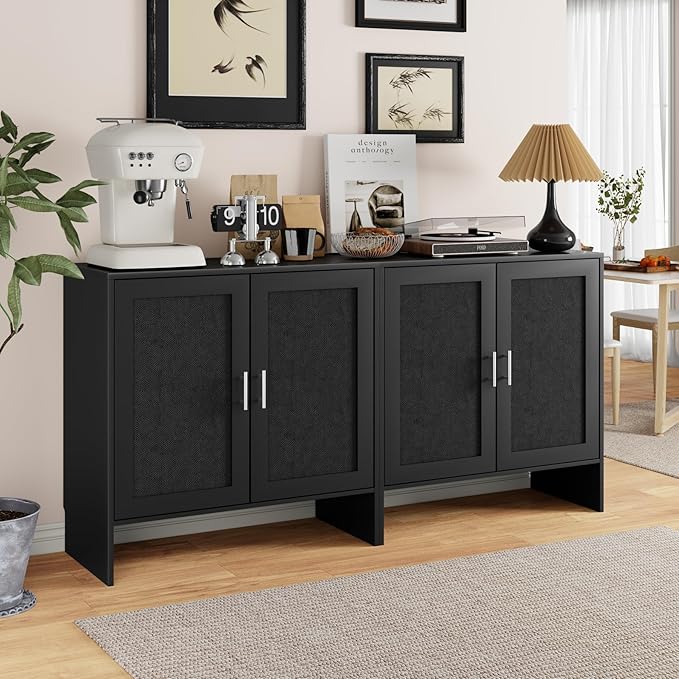 DHZ Buffet Cabinet with Storage & Adjustable Shelf - Farmhouse Sideboard with Black Rattan Decorated Doors, Coffee Bar Cabinet for Kitchen, Dining Room Organizer