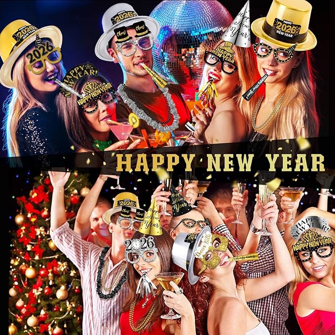 MOVINPE 2026 New Years Eve Party Supplies Bulk - Gold Black Slivery Top Hats, Cone Hats, Tiara, Glasses, Bead Necklace, Leis, Horns, Blowouts, Noiese Makers, New Year's Party Favors Event Supplies