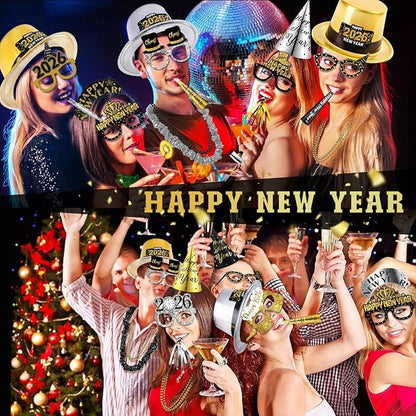 MOVINPE 2026 New Years Eve Party Supplies Bulk - Gold Black Slivery Top Hats, Cone Hats, Tiara, Glasses, Bead Necklace, Leis, Horns, Blowouts, Noiese Makers, New Year's Party Favors Event Supplies