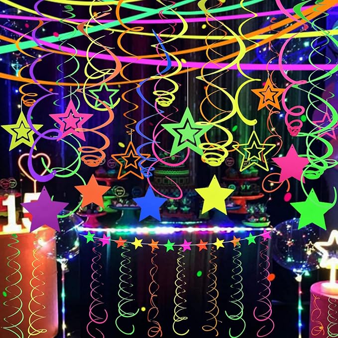 52 PCS UV Neon Rainbow Ceiling Swirl Decoration Hanging Neon Streamer for Ceiling Neon Garlands Black Light Neon Decorations for Dark Glow Party Supplies and Decorations Birthday Neon Party Favors