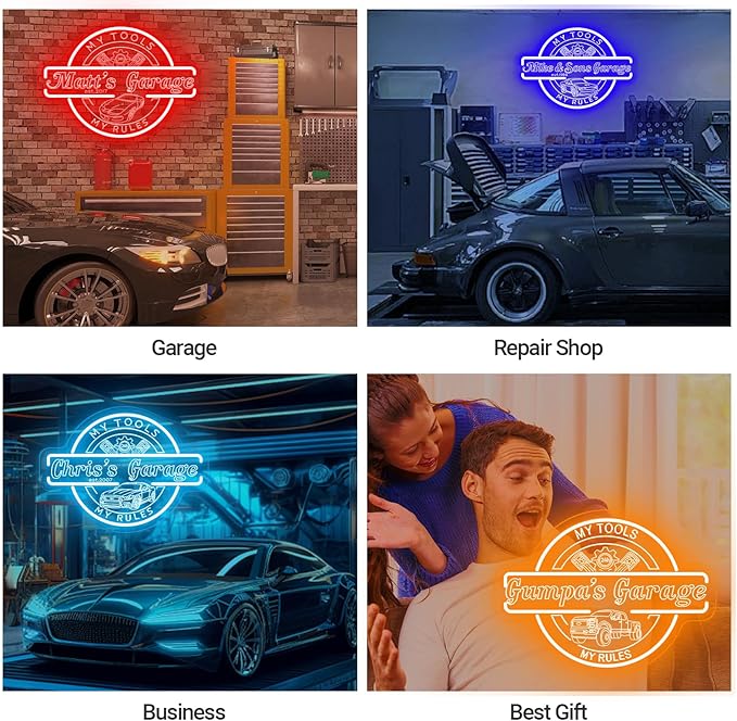 Custom Garage Neon Sign for Wall Decor, Personalized Garage LED Sign, Customizable Your Name Est Year Theme Workshop Man Cave Neon Light Signs, Garage Light Up Sign for Men Dad Gift