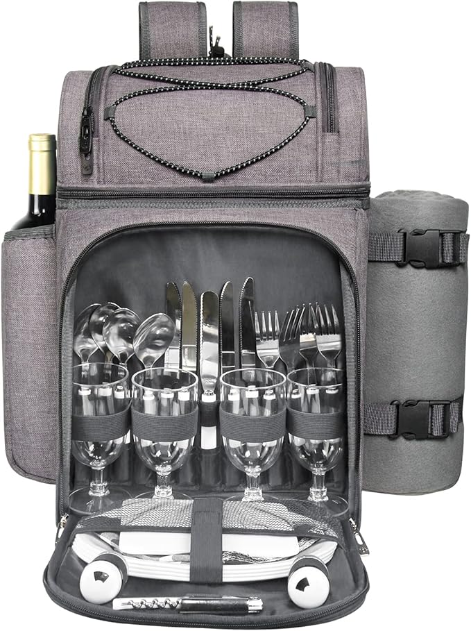 Hap Tim Picnic Basket Backpack for 4 Person with 2 Insulated Cooler Compartment, Wine Holder, Fleece Blanket, Cutlery Set, Wedding Gifts for Couples, Bridal Shower Gifts, Engagement Gifts(36079-G)